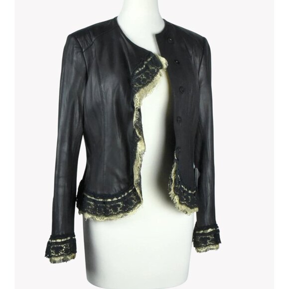 Peter Nygard Jackets & Blazers - Peter Nygard Womens Black Genuine Leather Jacket With Lace Trim Size 16